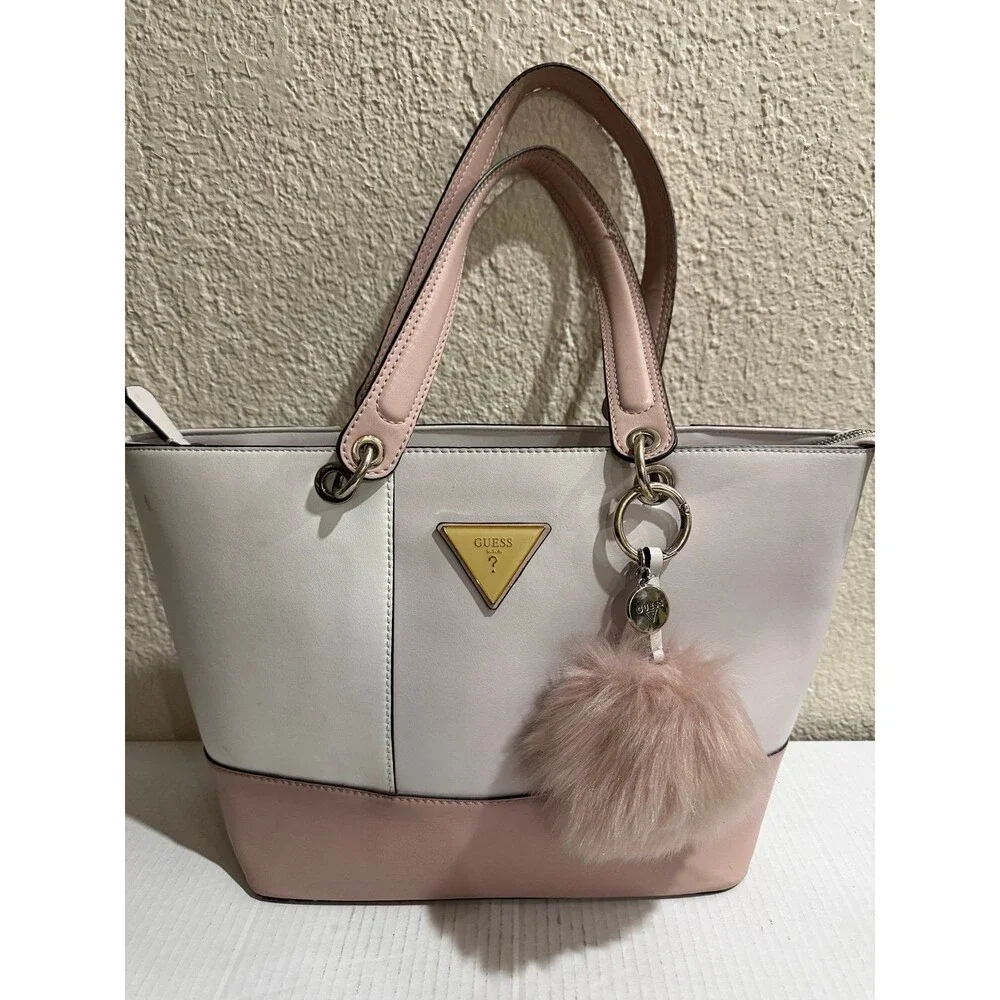 Guess Blush & Cream Colorblock Tote Bag Gold Logo Charm Pom Pom Large